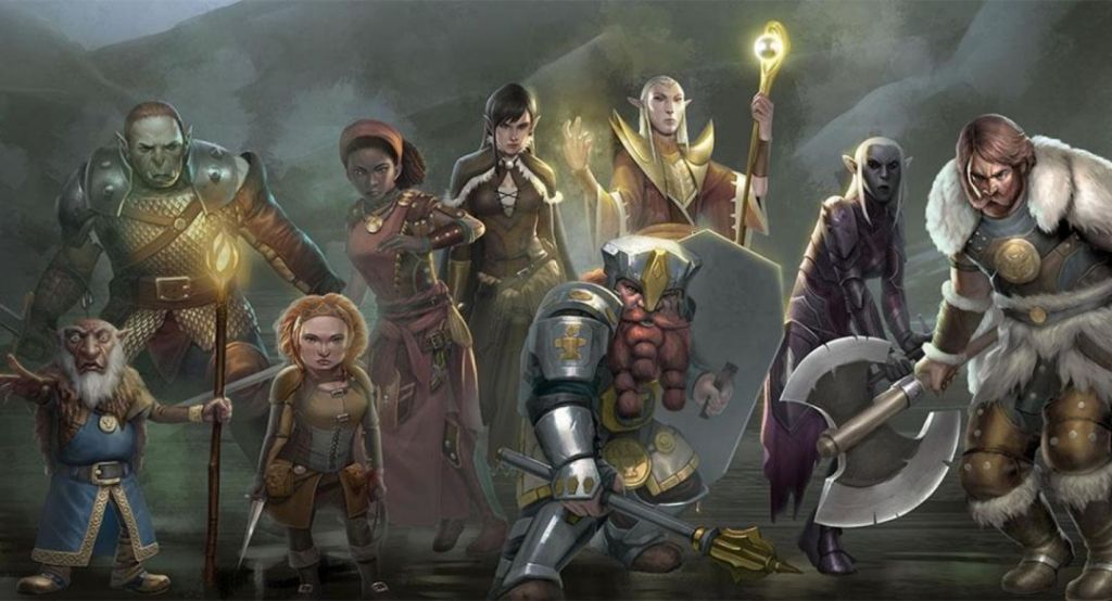 A diverse group of fantasy adventurers, including a dwarf warrior, orc fighter, elven mage, human barbarian, dark elf rogue, gnome wizard, halfling rogue, and human cleric, standing ready in a misty landscape.