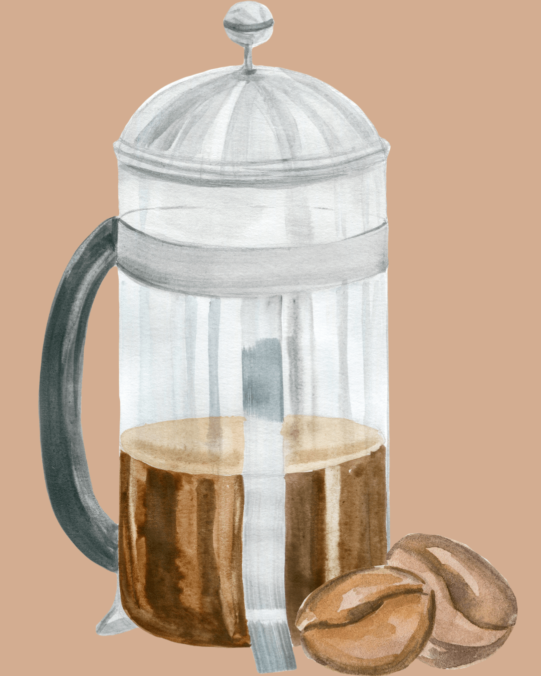 A watercolor illustration of a French press filled with brewed coffee, alongside two coffee beans. The French press has a glass body, a metallic lid with a round knob, and a black handle. The background is a warm beige color, complementing the brown tones of the coffee and beans.
