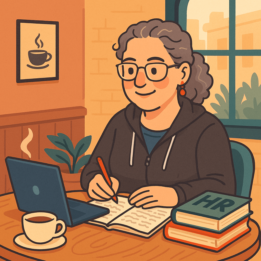 An illustration of a woman with curly hair, wearing glasses and a hoodie, sitting at a table in a cozy cafe. She is writing in a notebook while looking at her laptop, with a cup of coffee and two books on HR nearby.