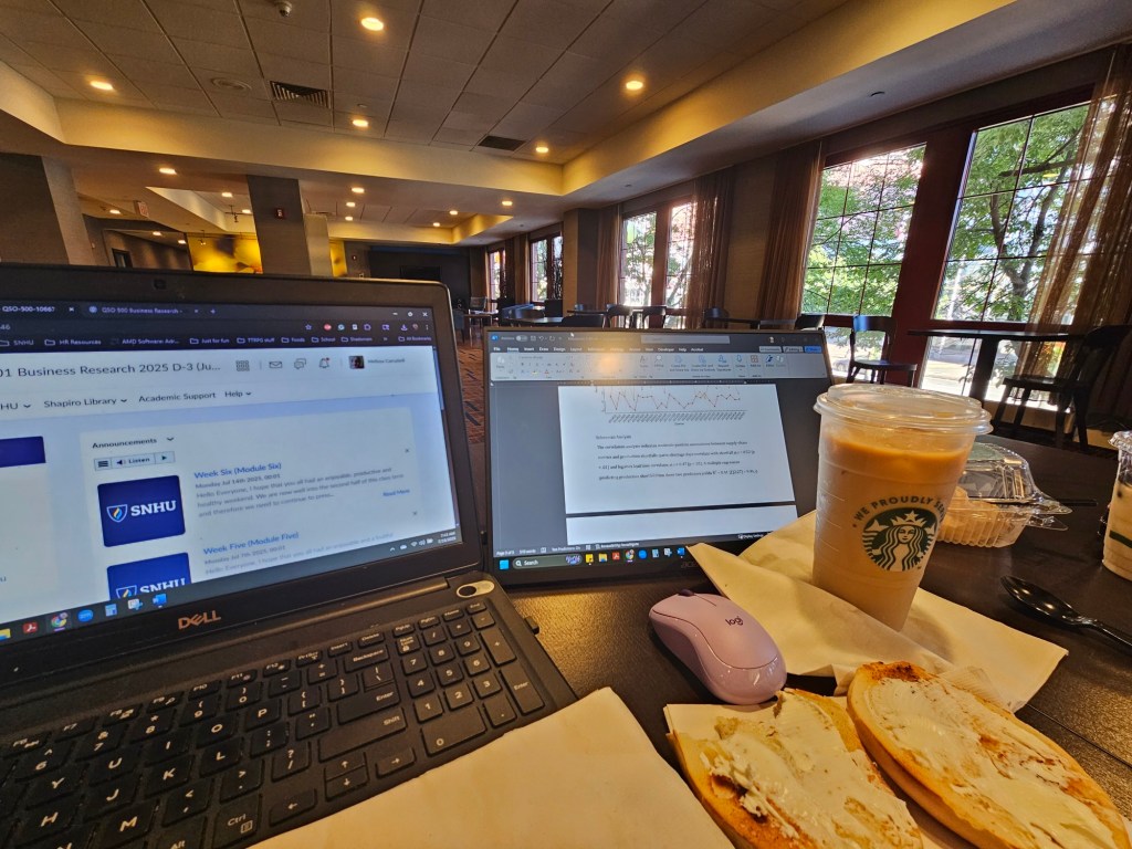 Photo of a hotel lounge featuring a laptop and second monitor with academic work open, an iced chai latte, a yogurt parfait, and a toasted bagel with cream cheese on a table.