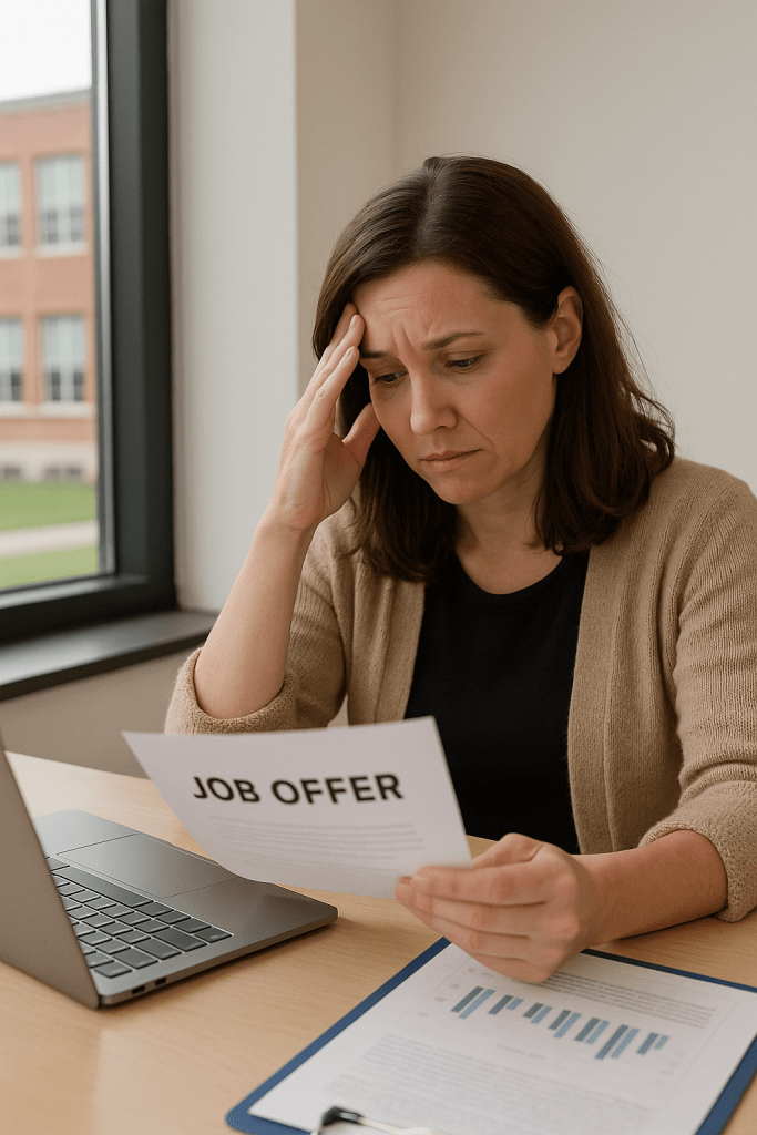 Alt text: A woman in her late 30s or early 40s sits at a desk near a window, looking concerned as she reads a paper labeled “JOB OFFER.” She holds her forehead with one hand and the letter in the other. A laptop and a clipboard with a bar chart are on the desk.