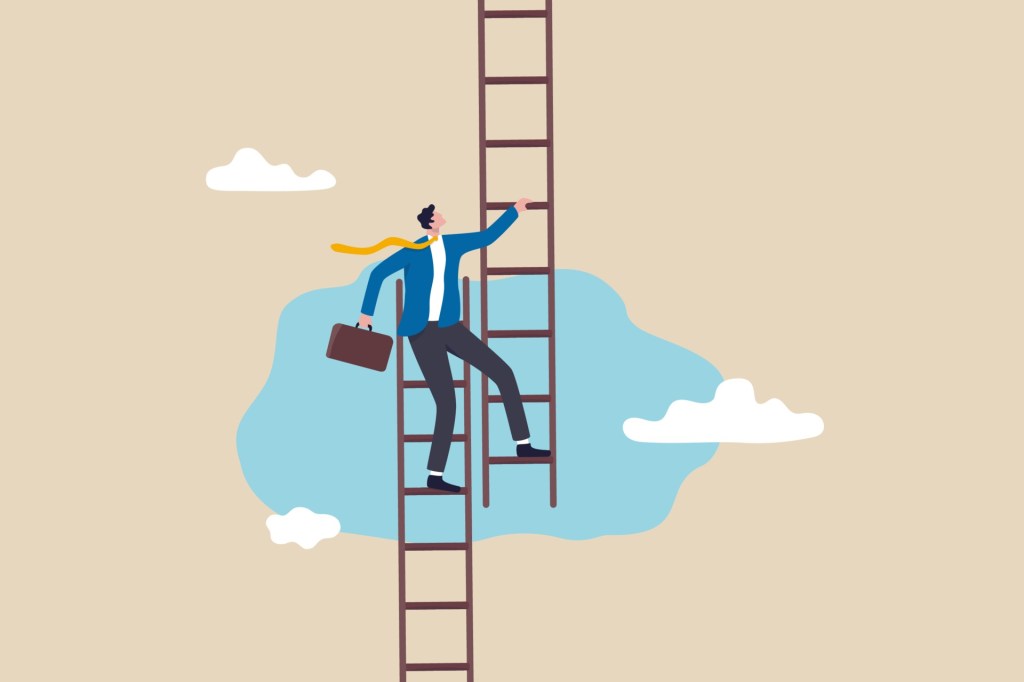 Illustration of a person climbing from one ladder to another, symbolizing a career change or growth opportunity.