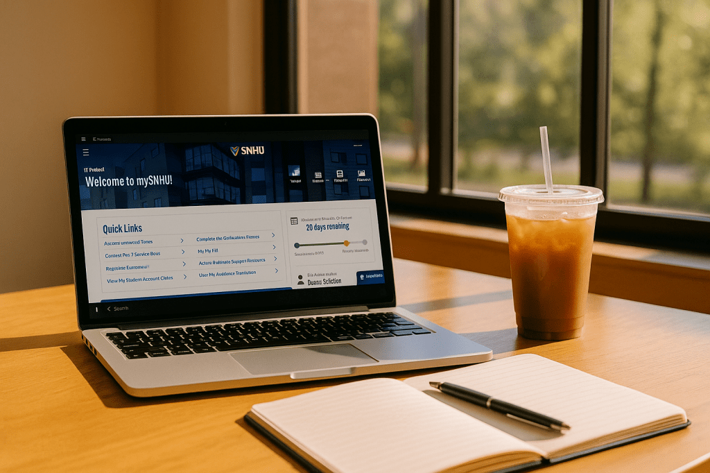 A warm, sunlit desk with a laptop displaying the SNHU student portal, an iced coffee in a to-go cup, and an open notebook with a pen in front of a large window overlooking soft greenery.