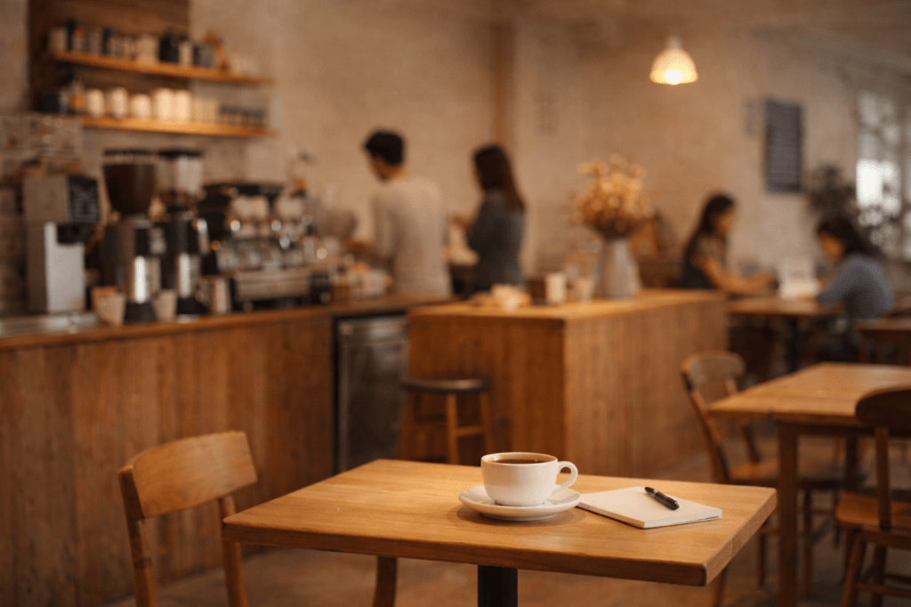 Cozy coffee shop interior with a wooden table in the foreground holding a cup of coffee, a notebook, and a pen. Several people are softly blurred in the background near the counter and tables, creating a warm, calm atmosphere