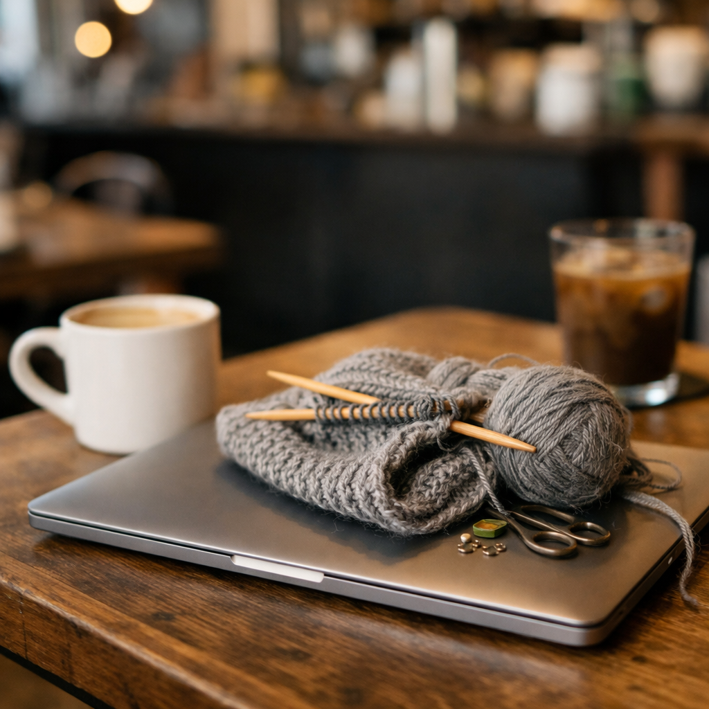 A closed laptop with a gray knitting project on it sits on a table in a coffee shop.