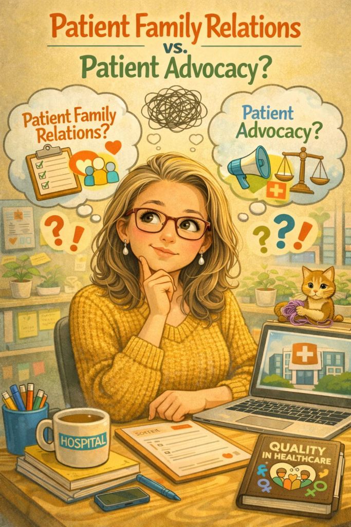 A woman sits at a desk, looking thoughtful as she compares “Patient Family Relations” and “Patient Advocacy.” Two labeled thought bubbles appear above her with related icons. Her desk holds a laptop showing a hospital, a coffee mug, books, papers, a phone, and a cat playing with yarn. The background includes plants, a bulletin board, and a window with a city view.