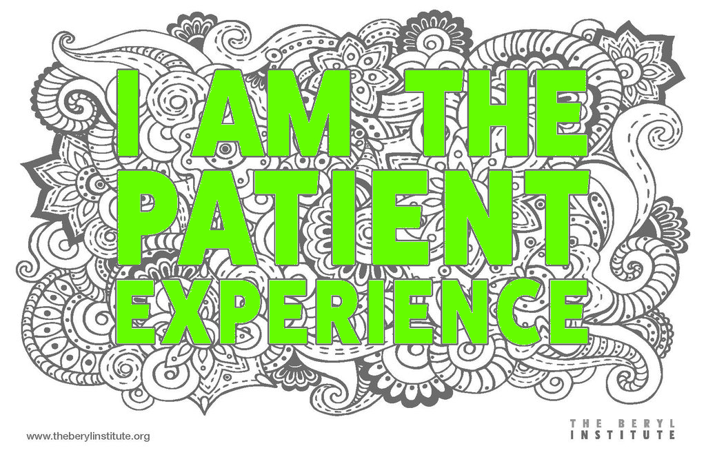 A black‑and‑white floral and paisley background with bold bright‑green text in the center that reads “I AM THE PATIENT EXPERIENCE.” In the lower corners, small text shows “www.theberylinstitute.org” on the left and “THE BERYL INSTITUTE” on the right.