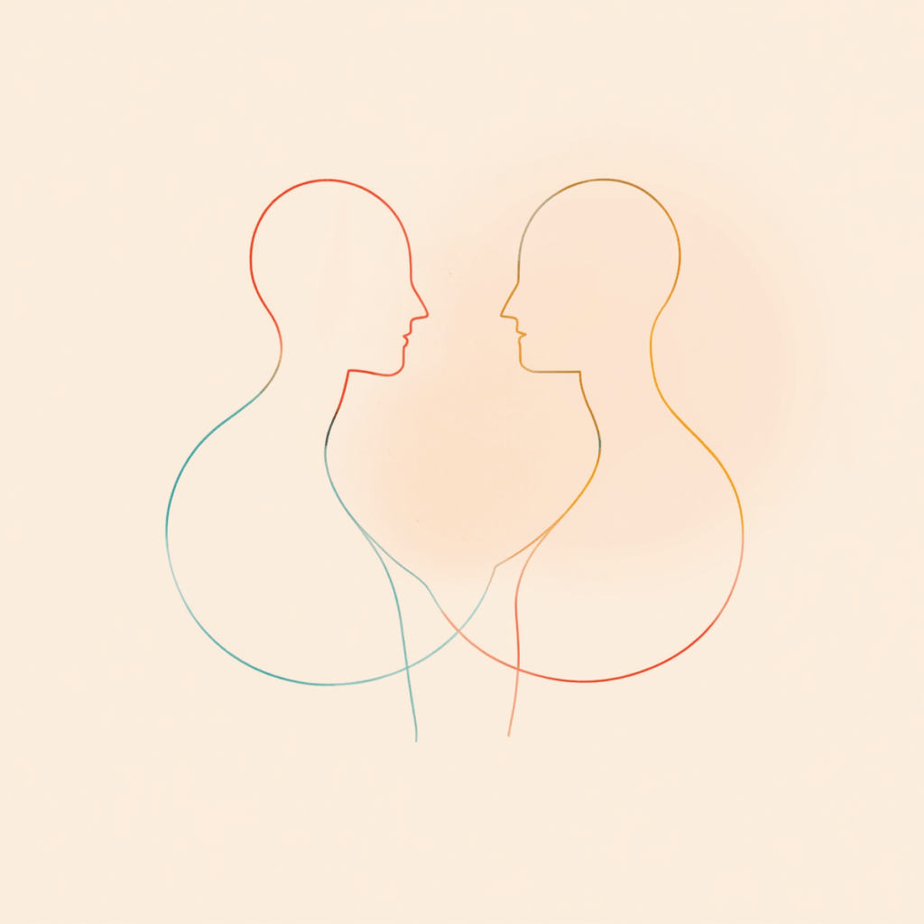 An abstract continuous‑line drawing of two human figures facing each other. One figure is outlined in a blue‑to‑red gradient, the other in a yellow‑to‑orange gradient. Their lines overlap in the center, symbolizing connection and communication.